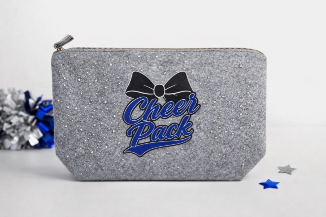 Kleinkramtasche aus Filz hellgrau - Cheer Pack Schleife - mit Bling